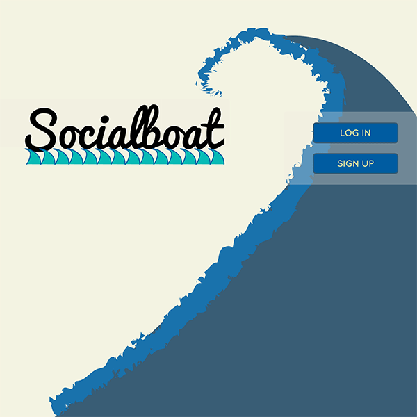 Socialboat's landing page with a logo and a wave background.